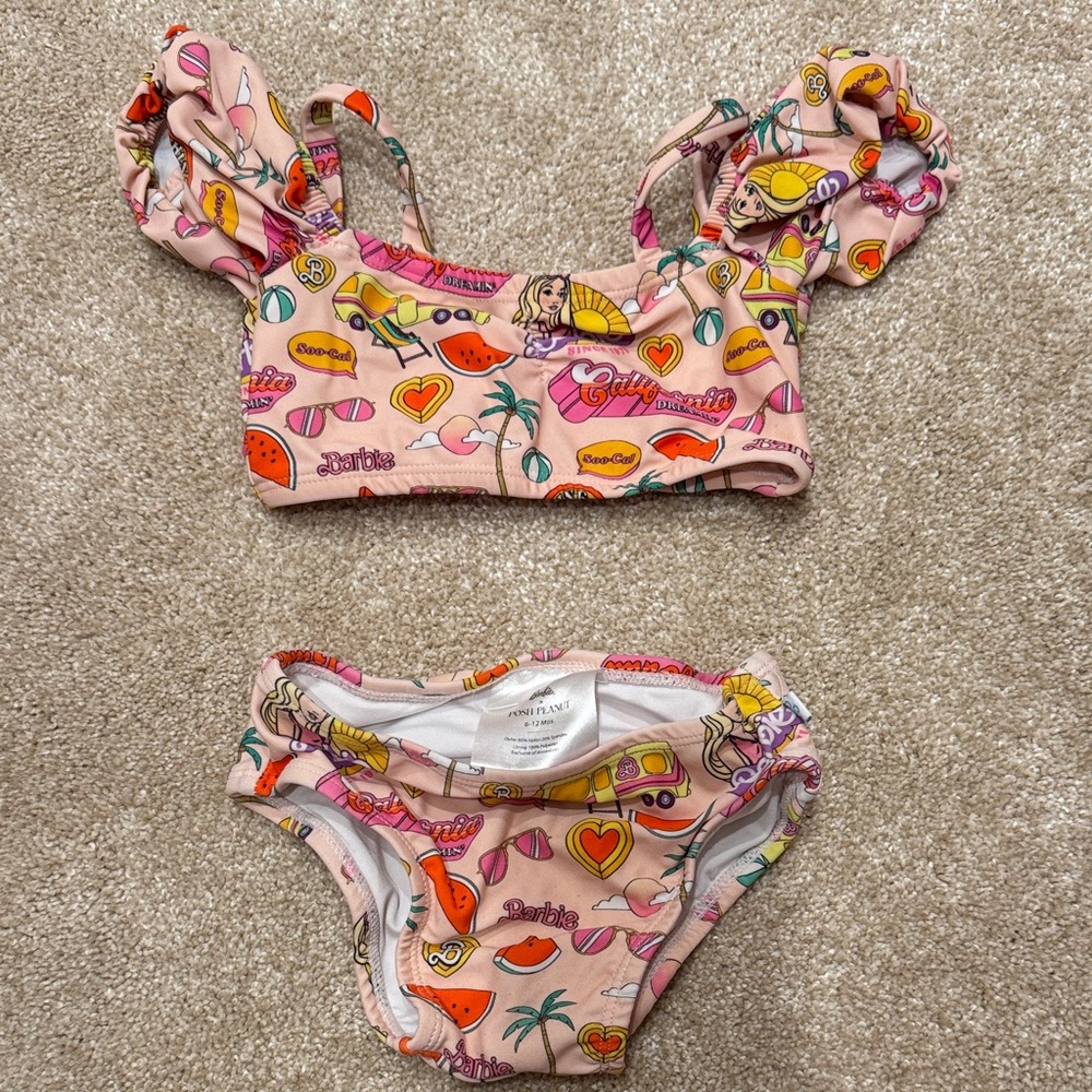 Posh Peanut Pink Tropical Print Girls Swim Bikini x barbie 6-12 months